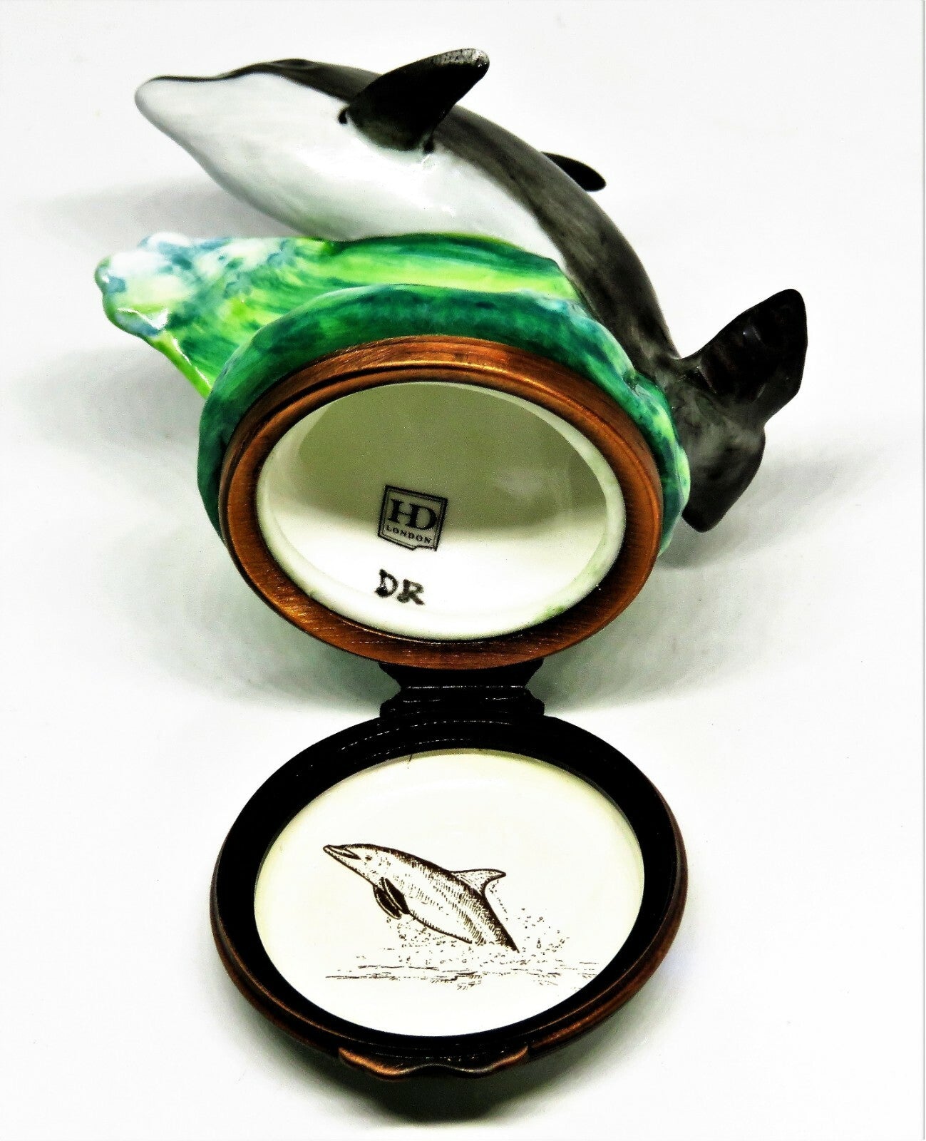 HALCYON DAYS ENGLISH ENAMEL BOX - DOLPHIN ON A WAVE BONBONNIERE - PORPOISE - MIB
