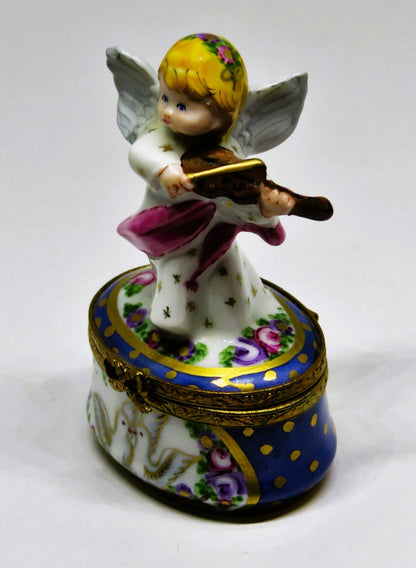 LIMOGES FRANCE BOX - CHRISTMAS - ANGEL & VIOLIN - FLOWERS & DOVES & STARS