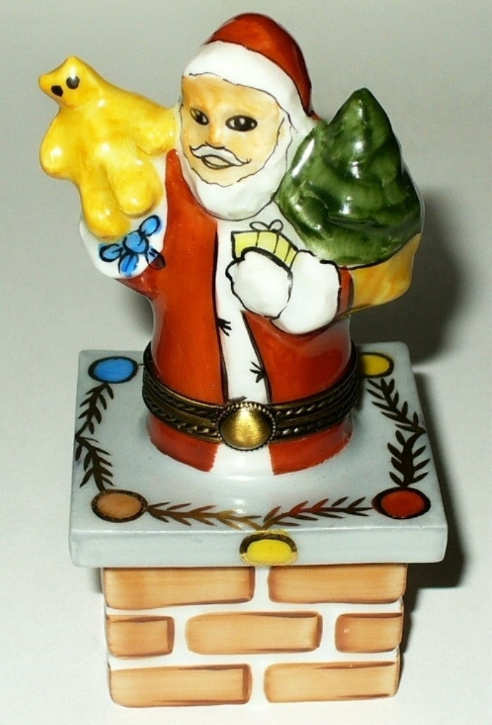 LIMOGES FRANCE BOX ~ SANTA CLAUS IN CHIMNEY ~ CHRISTMAS TREE & TOYS ~ PEINT MAIN
