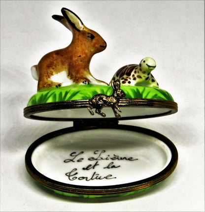 LIMOGES BOX - HARE & TORTOISE RACE - RABBIT & TURTLE -  BUNNY - AESOP'S FABLES