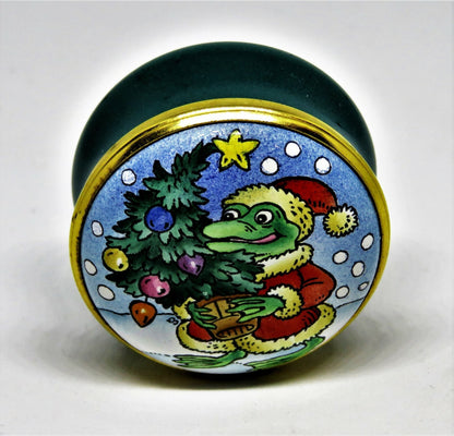 HALCYON DAYS ENAMEL BOX - FROG OR ALLIGATOR SANTA CLAUS & CHRISTMAS TREE