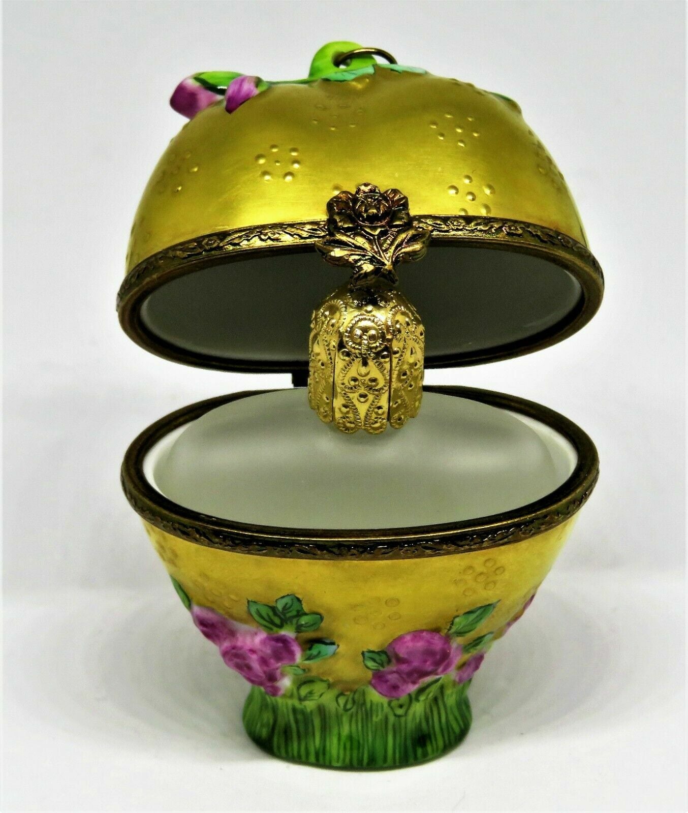 LIMOGES BOX - ROCHARD - GOLD FLORAL HEART & PERFUME BOTTLE - PINK ROSES & TASSEL