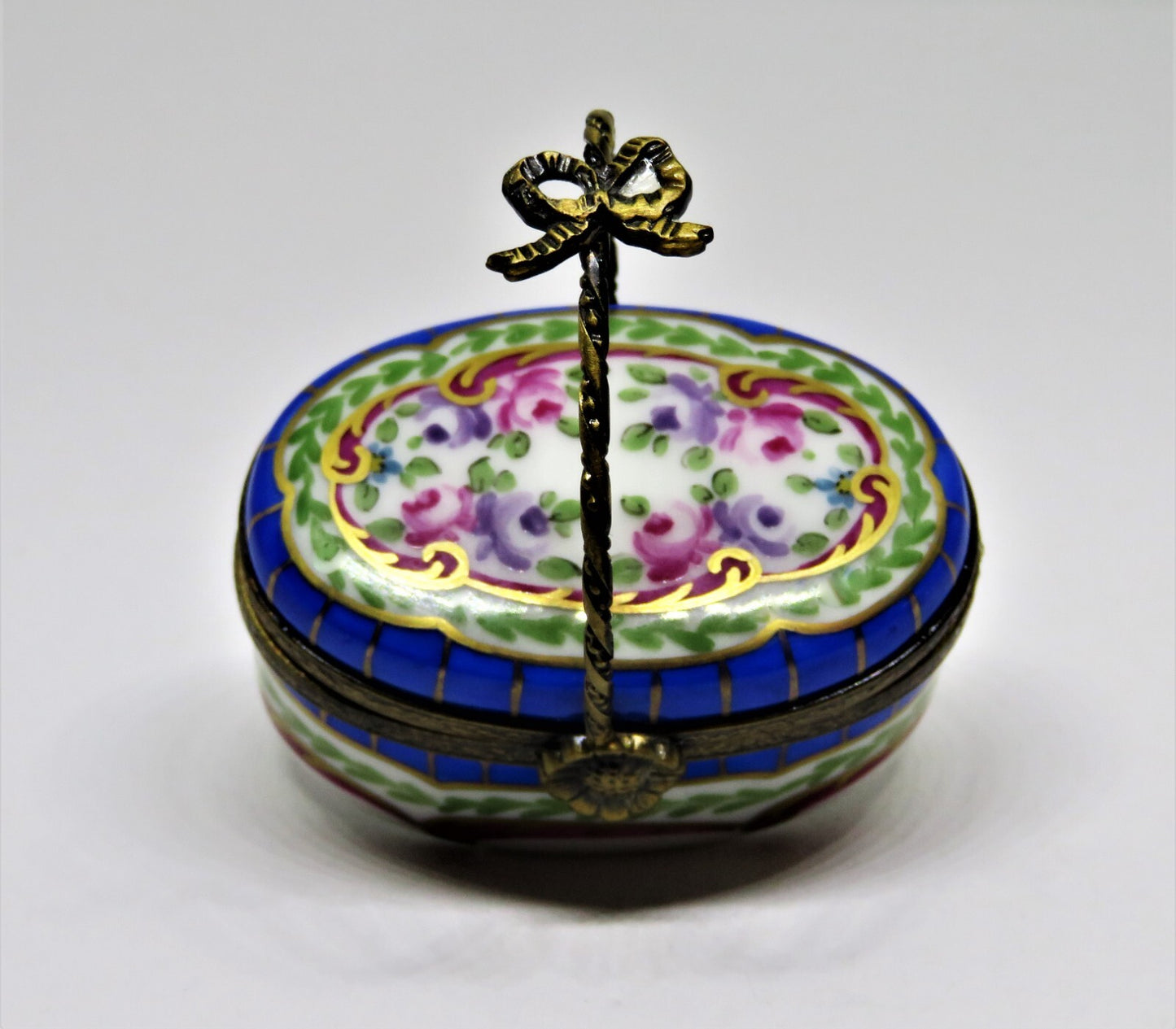 LIMOGES FRANCE BOX-  SEVRES STYLE FLORAL BASKET - FLOWERS - ROSES - FLOWER CLASP