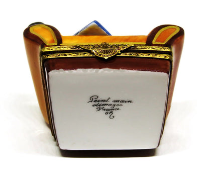 LIMOGES BOX -GR- MAN'S LEATHER EASY CHAIR -TV GUIDE & REMOTE CONTROL- EYEGLASSES