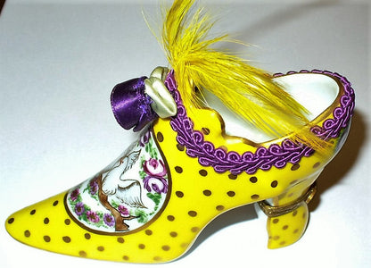 LIMOGES FRANCE BOX - YELLOW SHOE & FLOWERS & DOVES - BRAID & ROSETTE & FEATHERS