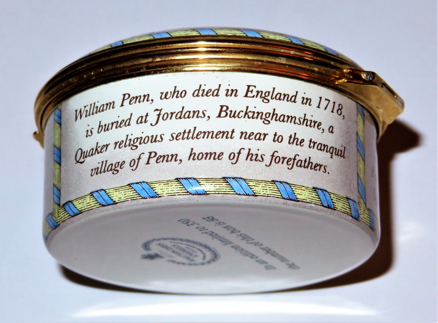 HALCYON DAYS ENAMEL BOX -STATE OF PENNSYLVANIA- INDEPENDENCE HALL - WILLIAM PENN