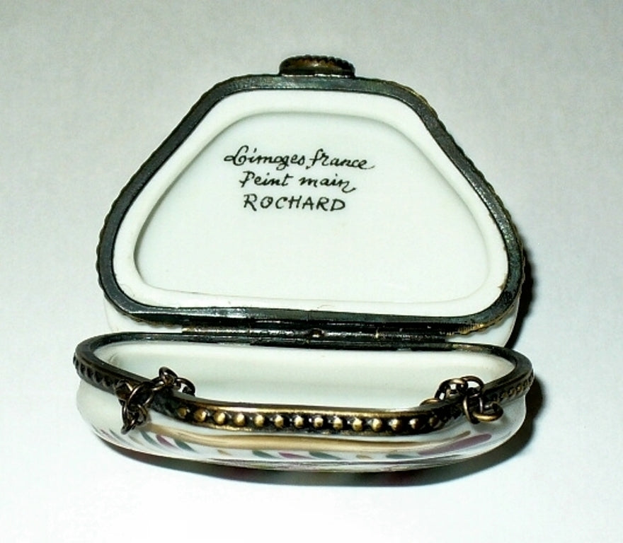 LIMOGES FRANCE BOX~ ROCHARD ~ FLORAL PURSE & CHAIN ~ ROSE & STRIPES ~ PEINT MAIN