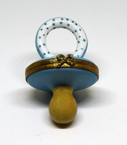 LIMOGES FRANCE BOX ~ BLUE & WHITE BABY PACIFIER ~ BLUE DOTS ~ PEINT MAIN
