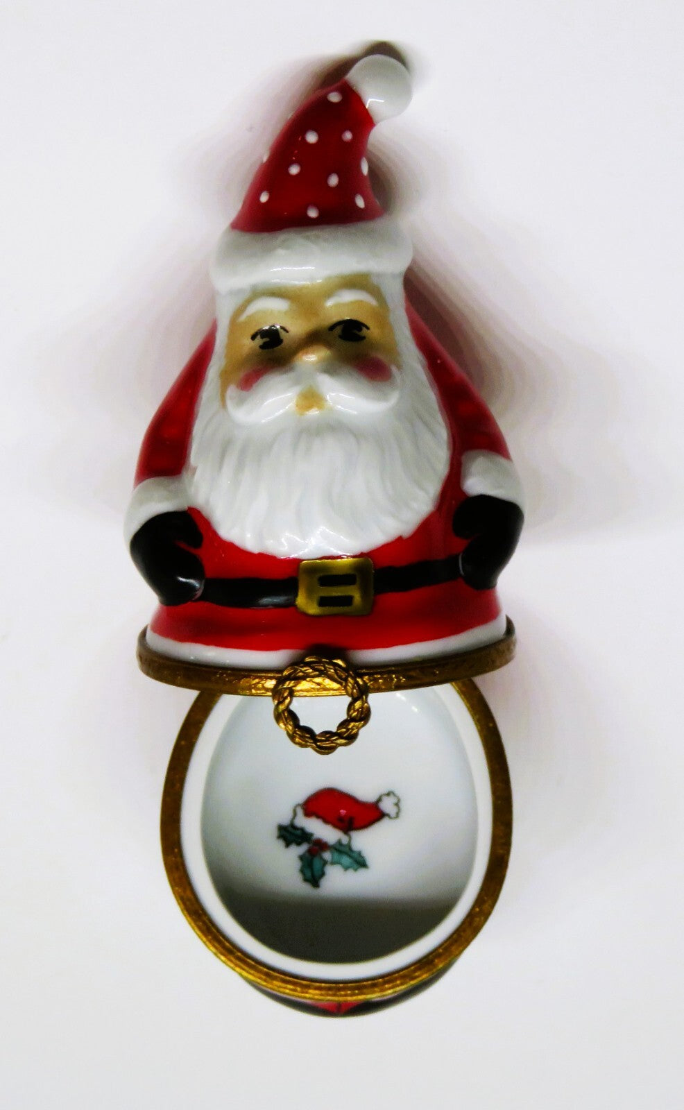 LIMOGES FRANCE BOX - CHRISTMAS - SANTA CLAUS - WREATH CLASP - HAT & HOLLY INSIDE