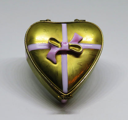 LIMOGES BOX ~ ROCHARD ~ GOLD HEART & CANDY & BOW ~ "WITH LOVE" ~ ANNIVERSARY
