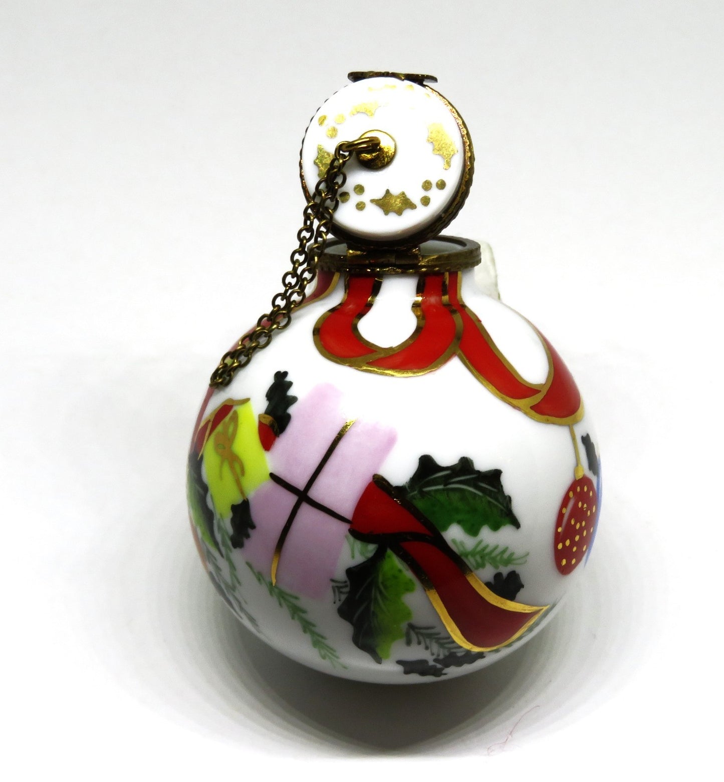 LIMOGES BOX - CHRISTMAS TREE BALL ORNAMENT - HOLLY & RIBBONS & CANDLES & GIFTS