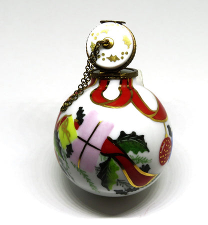 LIMOGES BOX - CHRISTMAS TREE BALL ORNAMENT - HOLLY & RIBBONS & CANDLES & GIFTS