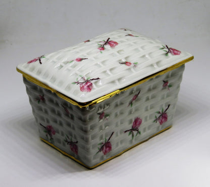 LIMOGES FRANCE TWO PIECE BOX ~ 'WOVEN WICKER' WITH PINK FLOWERS & BUDS