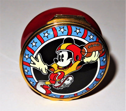 HALCYON DAYS ENAMEL BOX -DISNEY- MICKEY MOUSE PLAYING FOOTBALL - SUPER BOWL -MIB