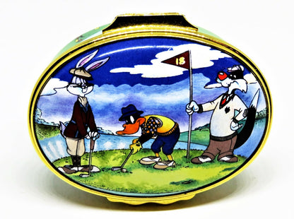 HALCYON DAYS ENAMEL BOX- LOONEY TUNES CARTOON CHARACTERS -WARNER BROTHERS- GOLF