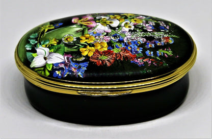 HALCYON DAYS ENAMEL BOX- MARIANNE NORTH PAINTING - VASE & CALIFORNIA FLOWERS -LE