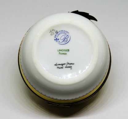 LIMOGES BEAUCHAMP - HUGE GOLD INCRUSTATION ROUND BOX - BIRD & PINK FLOWERS