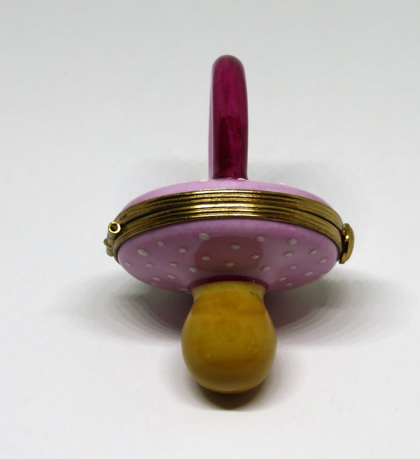 LIMOGES BOX~ PIERRE ARQUIE ~ PINK & BURGUNDY BABY PACIFIER ~ WHITE DOTS ~ 26/750