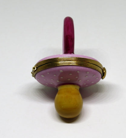 LIMOGES BOX~ PIERRE ARQUIE ~ PINK & BURGUNDY BABY PACIFIER ~ WHITE DOTS ~ 26/750