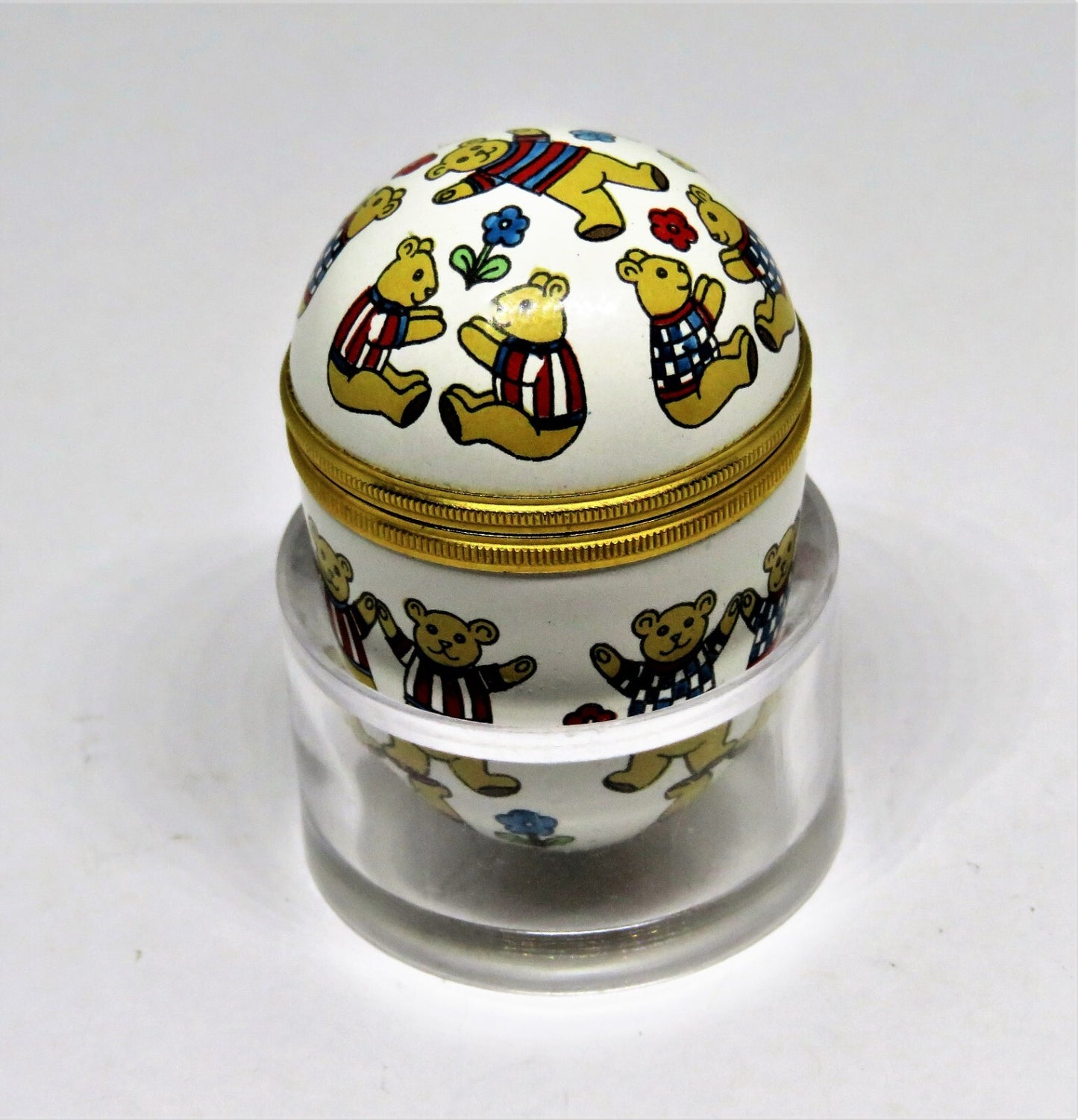HALCYON DAYS ENAMEL BOX - EGG WITH TEDDY BEARS IN T-SHIRTS - FLOWERS