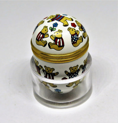 HALCYON DAYS ENAMEL BOX - EGG WITH TEDDY BEARS IN T-SHIRTS - FLOWERS