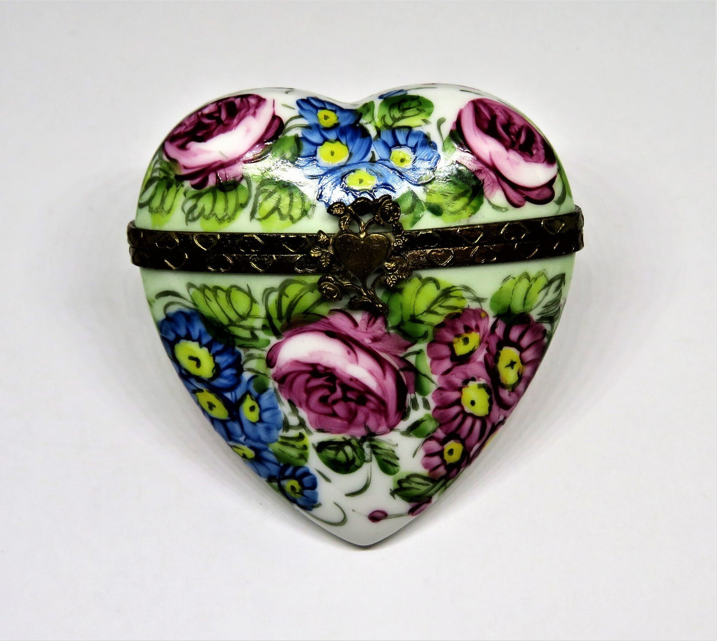 LIMOGES FRANCE BOX - FLORAL HEART & PERFUME BOTTLE - FLOWERS - PINK ROSES