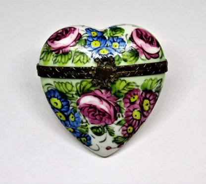 LIMOGES FRANCE BOX - FLORAL HEART & PERFUME BOTTLE - FLOWERS - PINK ROSES
