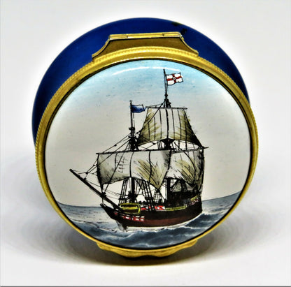 HALCYON DAYS ENAMEL BOX -GODSPEED ANTIQUE SAILING SHIP- JAMESTOWN VIRGINIA 1607