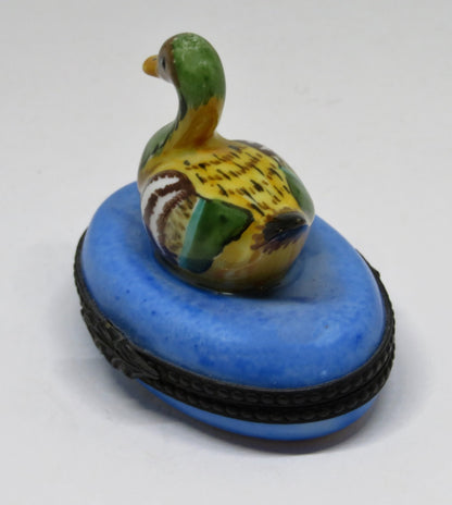 LIMOGES FRANCE BOX - COLORFUL MALLARD DUCK IN BLUE POND - REEDS & CATTAIL INSIDE