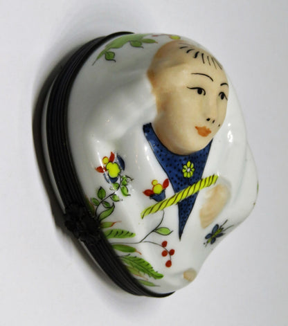 LIMOGES FRANCE BOX - RECLINING BUDDHA - FLOWERS & BUTTERFLY & ASIAN MAN - "MC"