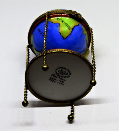 LIMOGES FRANCE BOX -PARRY-VIEILLE- WORLD GLOBE & METAL STAND - REMOVABLE COMPASS