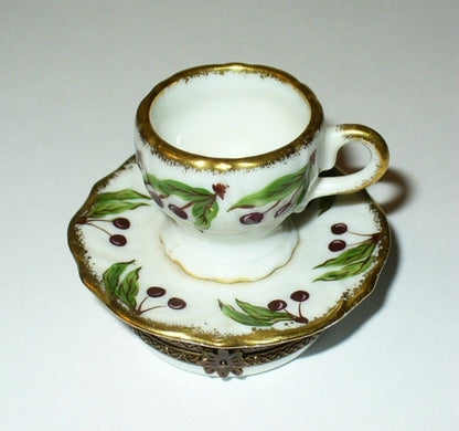 LIMOGES FRANCE BOX ~ PV ~ CHERRY DESIGN TEA CUP & SAUCER ~ FRUITS ~ PEINT MAIN