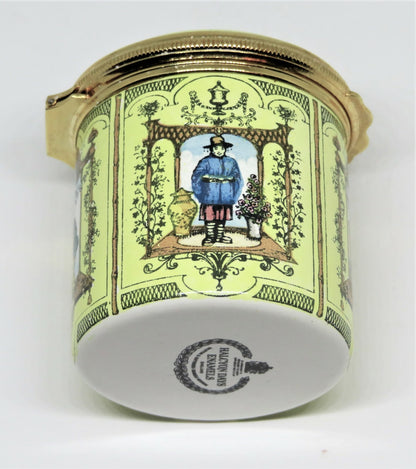HALCYON DAYS ENAMEL BOX- ASIAN SCENES - CHINOISERIE -TREES- PAGODA -BIRD- PEOPLE