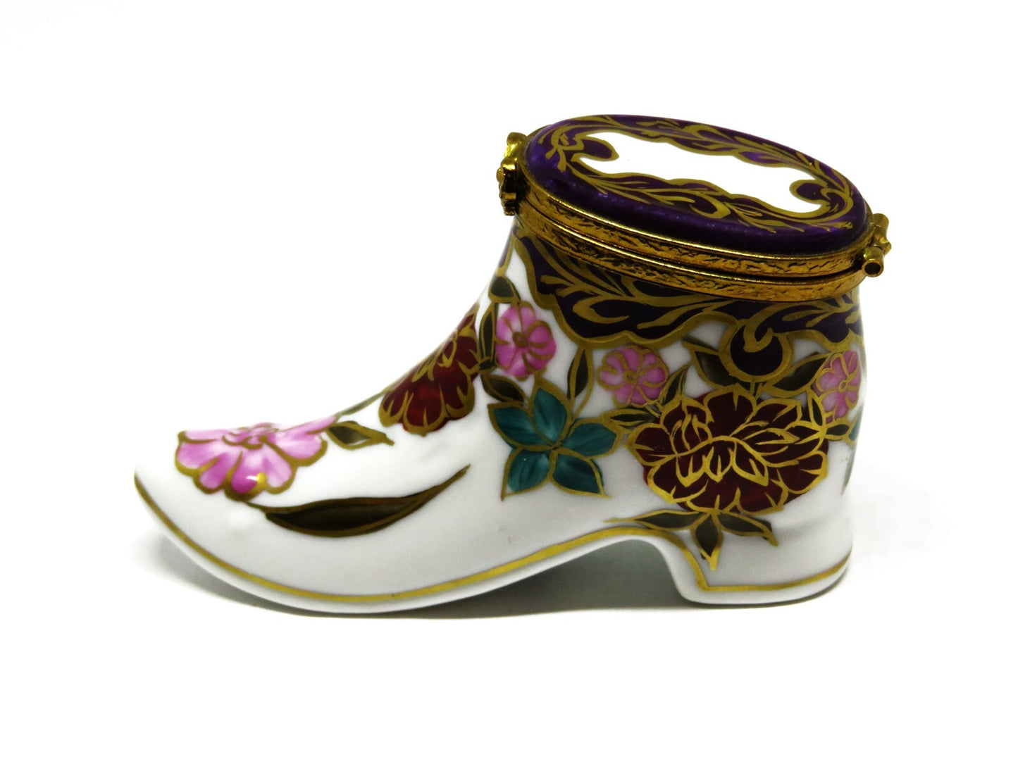 LIMOGES BOX ~ OLD-FASHIONED HIGH TOPPED LADY'S FLORAL SHOE ~ BOOT ~ PEINT MAIN