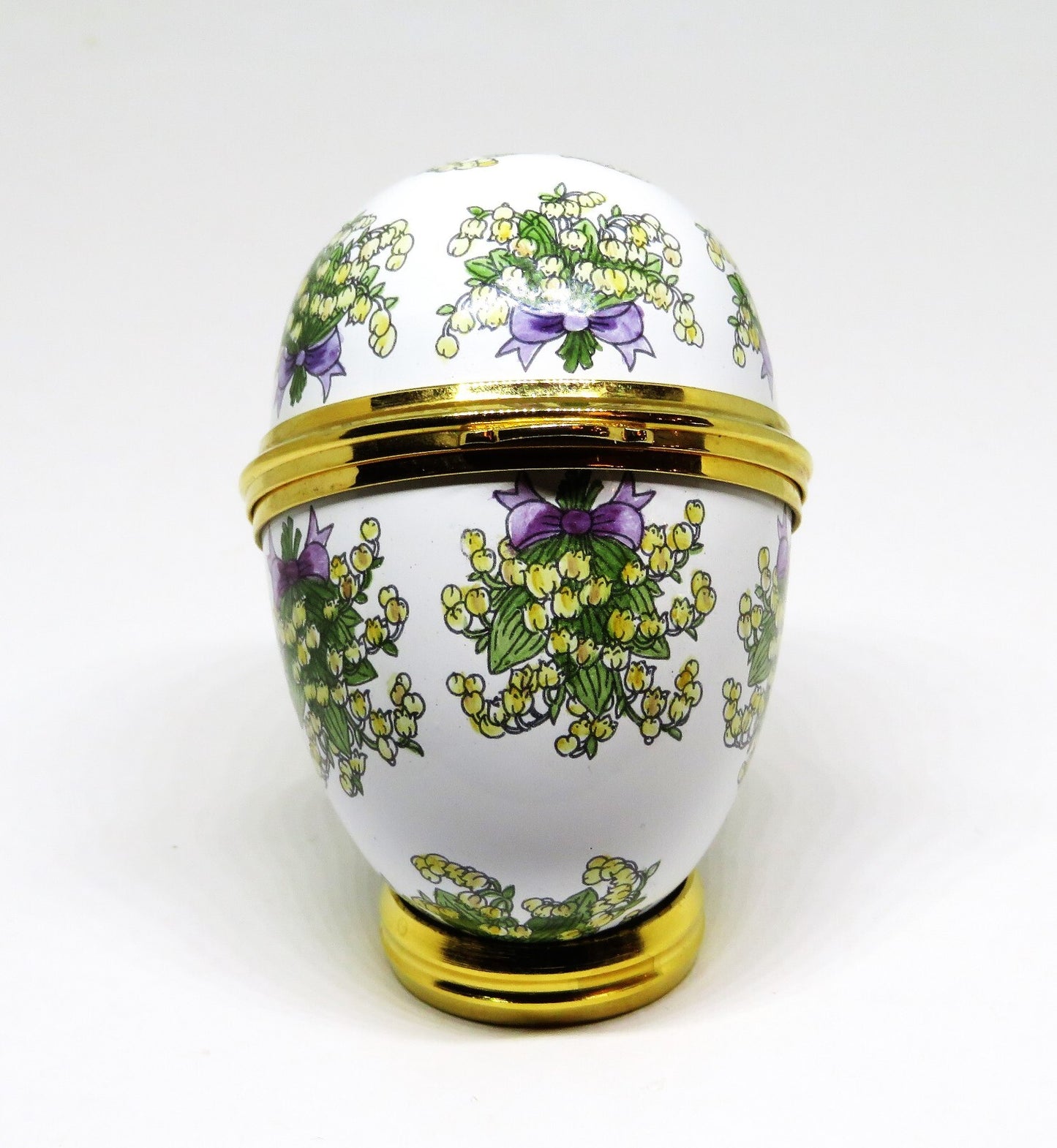 STAFFORDSHIRE ENGLISH ENAMEL BOX -EGG & BOUQUETS OF LILY OF THE VALLEY- FLOWERS