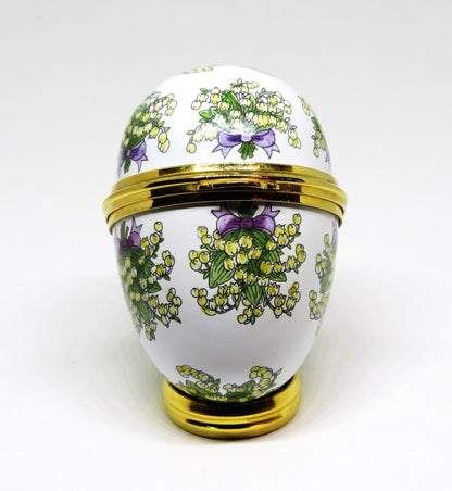 STAFFORDSHIRE ENGLISH ENAMEL BOX -EGG & BOUQUETS OF LILY OF THE VALLEY- FLOWERS