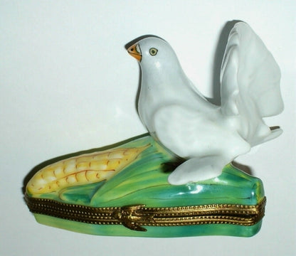 LIMOGES FRANCE BOX - THANKSGIVING - WHITE FANTAIL DOVE ON AN EAR OF CORN - BIRDS
