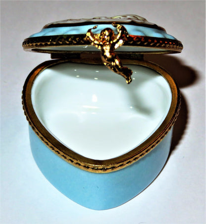 LIMOGES FRANCE BOX ~ BLUE RUFFLED HEART ~ CUPID & BOW & ARROW ~ ANNIVERSARY