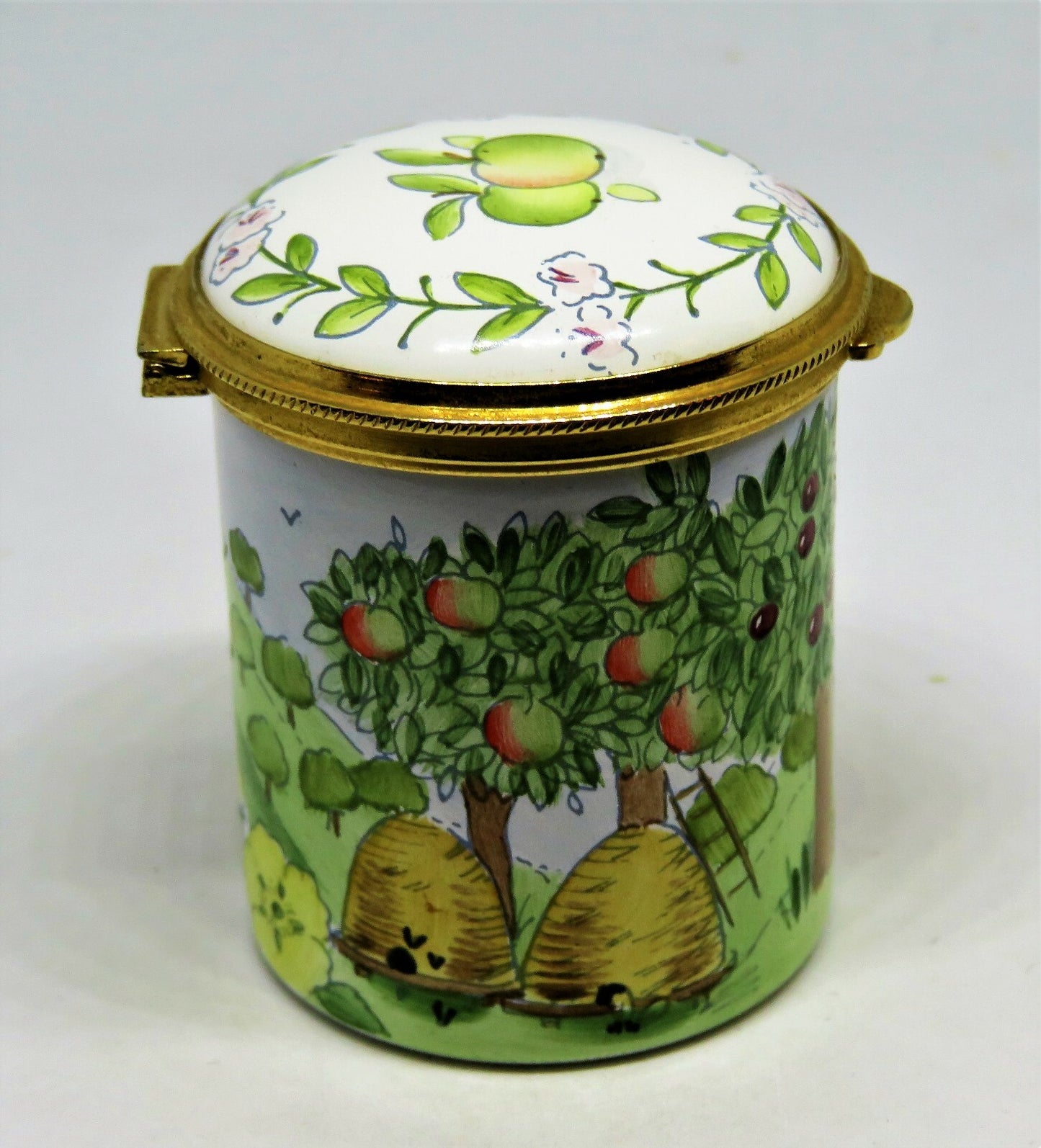 STAFFORDSHIRE ENAMELS STAMP BOX - FRUIT ORCHARD & BEE HIVES - FLOWERS & TREES