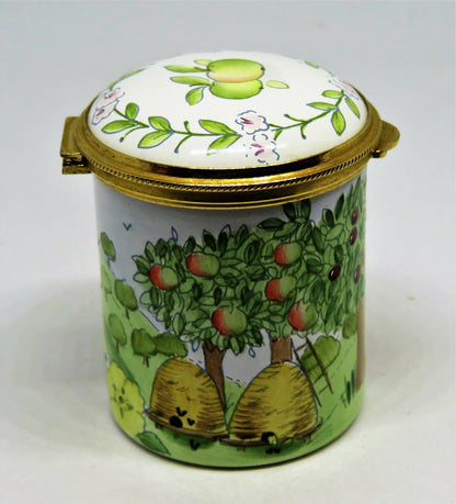 STAFFORDSHIRE ENAMELS STAMP BOX - FRUIT ORCHARD & BEE HIVES - FLOWERS & TREES