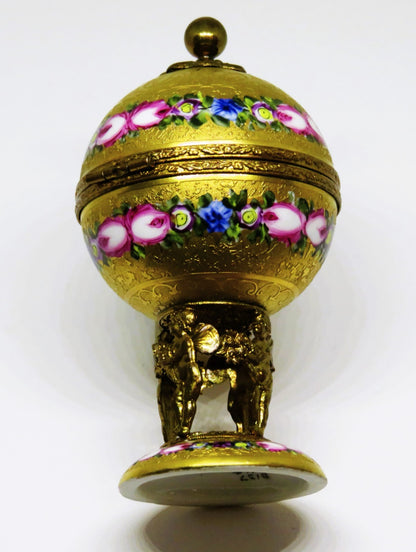 LIMOGES BOX - VINTAGE GOLD INCRUSTATION GLOBE & ANGEL STAND - FLOWERS - ROSES