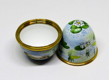 STAFFORDSHIRE ENGLISH ENAMEL BOX -VINTAGE EGG- DUCKS & LILY PADS - WHITE FLOWERS