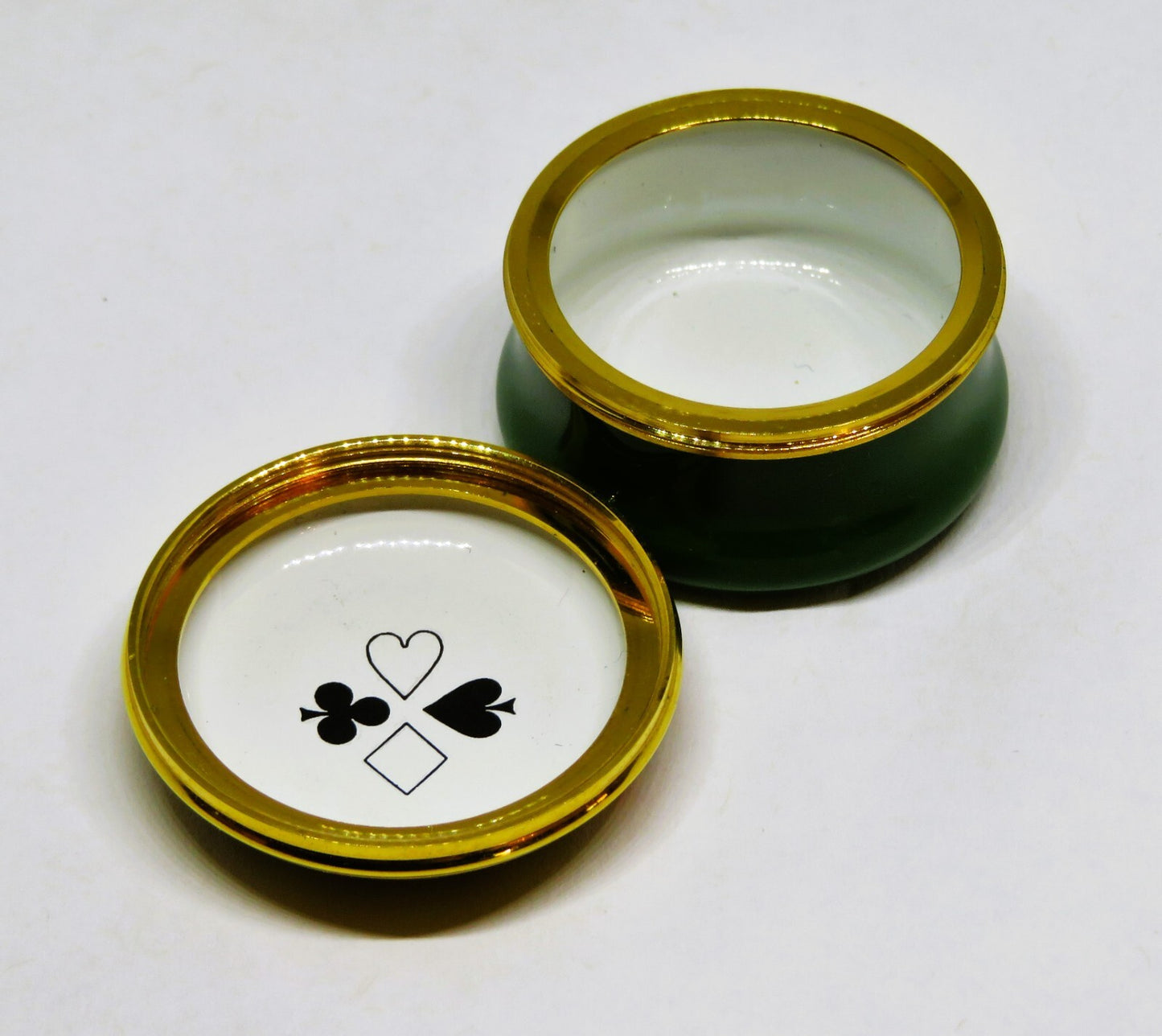 HALCYON DAYS ENGLISH ENAMEL BOX- "TRUST EVERYONE BUT CUT THE CARDS"