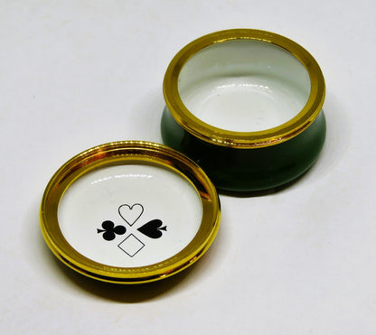 HALCYON DAYS ENGLISH ENAMEL BOX- "TRUST EVERYONE BUT CUT THE CARDS"