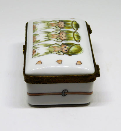 LIMOGES FRANCE BOX ~ ROCHARD ~ 3 LITTLE ANGELS ~ PINK HEARTS ~ "GOD BLESS YOU!"