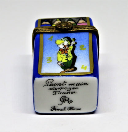 LIMOGES BOX OF CRAYONS -GR- 4 REMOVABLE COLORED PENCILS -SCHOOL- CLOWN & FLOWERS