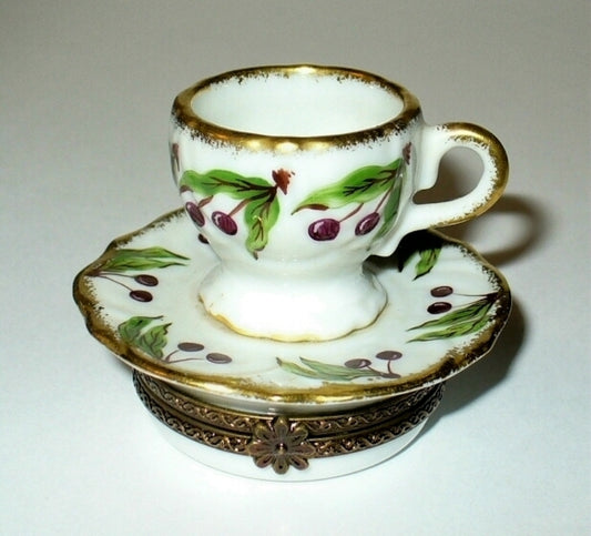 LIMOGES FRANCE BOX ~ PV ~ CHERRY DESIGN TEA CUP & SAUCER ~ FRUITS ~ PEINT MAIN