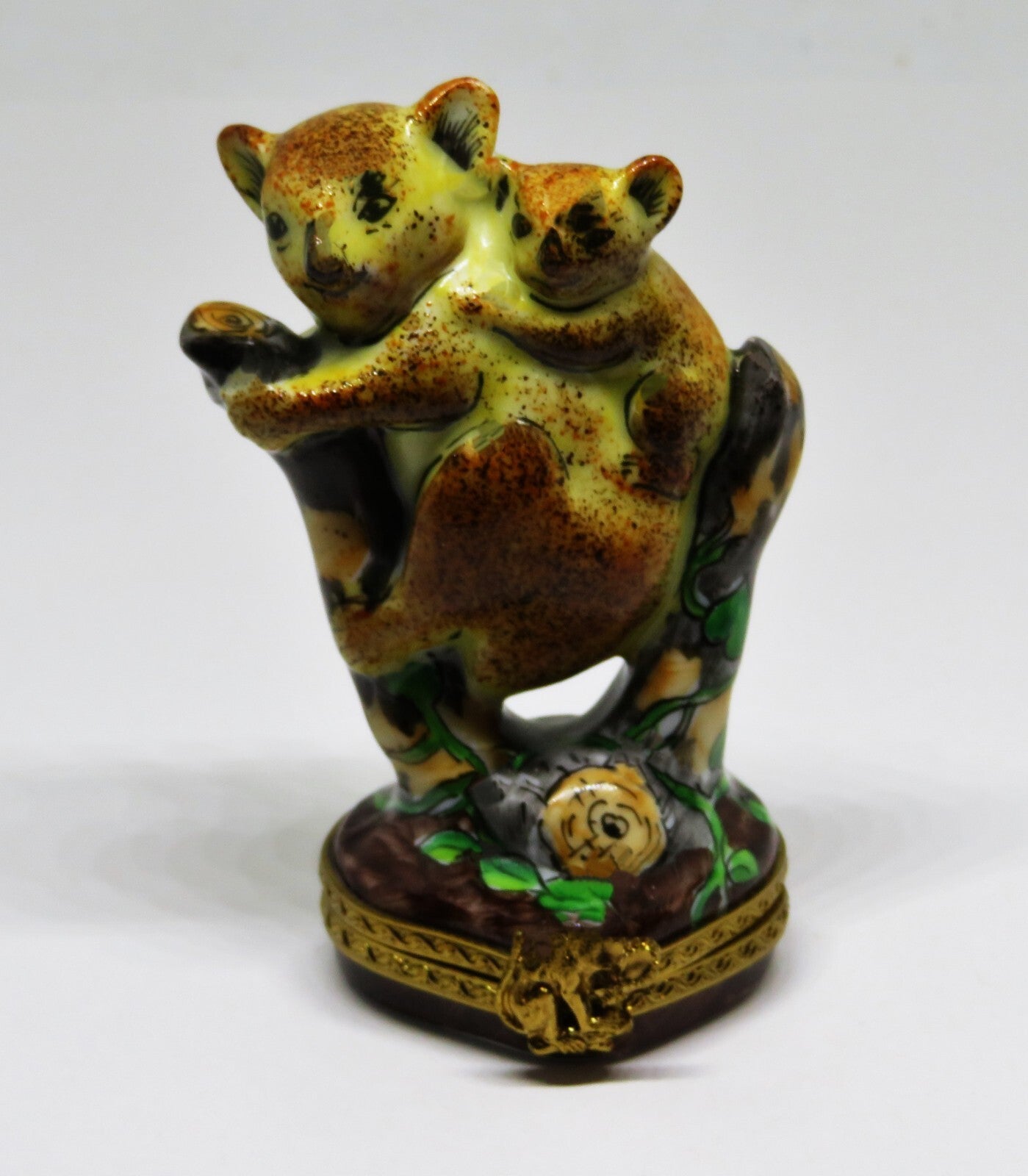 LIMOGES FRANCE BOX- RMC - MOTHER KOALA & BABY ON TREE STUMPS - EUCALYPTUS LEAVES