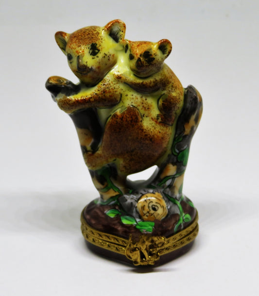 LIMOGES FRANCE BOX- RMC - MOTHER KOALA & BABY ON TREE STUMPS - EUCALYPTUS LEAVES