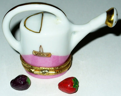 LIMOGES FRANCE BOX ~ PINK GARDEN WATERING CAN & BASKET & FRUITS ~ PEINT MAIN